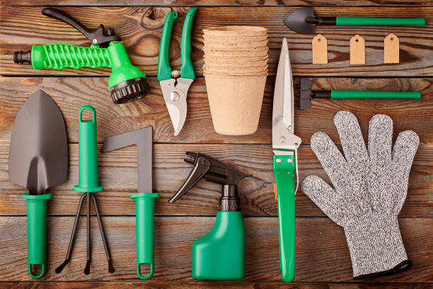 istock Gardening tools on wooden background flat lay 1191740785