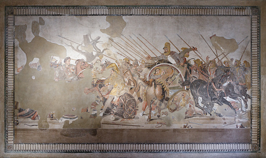 Battle of Issus (the Alexander Mosaic) Roman floor mosaic originally from the House of the Faun in Pompeii (Pompei). It depicts a battle between the armies of Alexander the Great and Darius III of Persia.