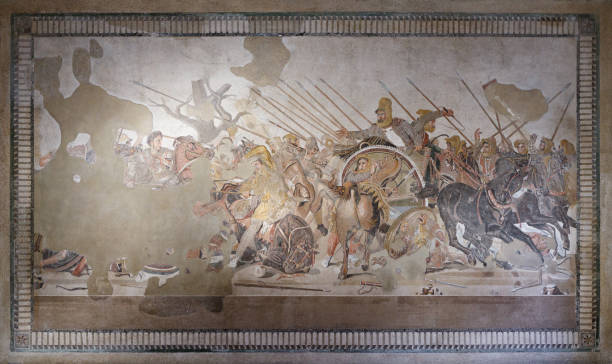 The Alexander Mosaic. Battle of Issus (the Alexander Mosaic) Roman floor mosaic originally from the House of the Faun in Pompeii (Pompei). It depicts a battle between the armies of Alexander the Great and Darius III of Persia. roman army stock pictures, royalty-free photos & images