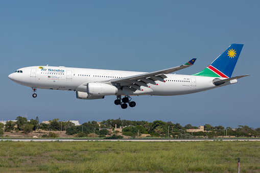 Luqa, Malta - September 29, 2019: Air Namibia Airbus A330-243 (Reg: V5-ANP) arriving in Malta for servicing by Lufthansa Technik