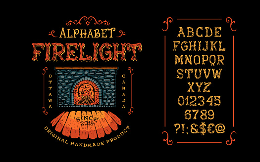 Font Firelight. Hand crafted retro vintage typeface design. Display handwritten graphic latin alphabet. Vector illustration old badge label logo tee template. Handmade upper case letters and numbers.