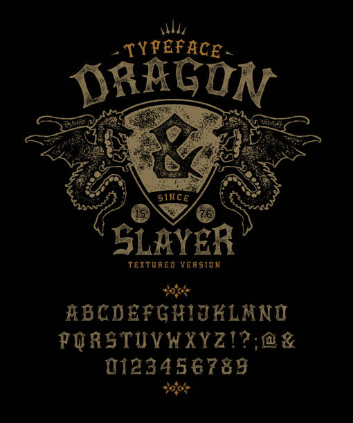 Font Dragon Lord. Pop vintage letters, numbers Font Dragon Slayer. Craft retro vintage typeface design. Fashion graphic display alphabet. Pop modern vector letters. Latin characters numbers. Vector illustration old badge label logo tee template. ancient chinese weapons stock illustrations