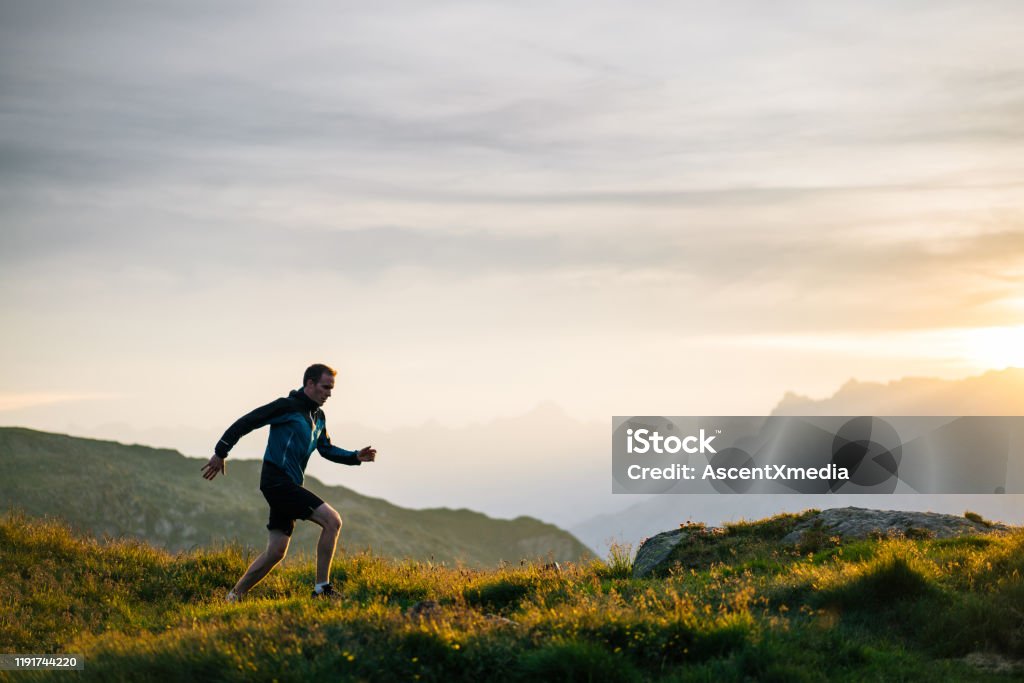 Man Making Ridge Forest Young Man Runs On Mountain Ridge At Sunrise Stock Photo - Download ...