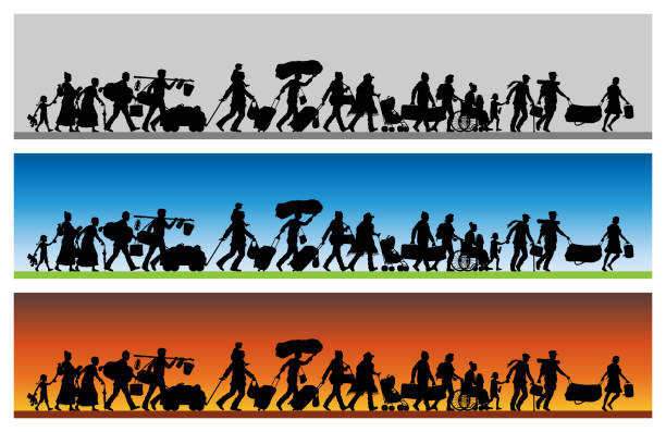 Asylum seekers silhouette with different backgrounds Asylum seekers silhouette with different backgrounds. The silhouette objects and backgrounds are in different layers. refugee camp stock illustrations