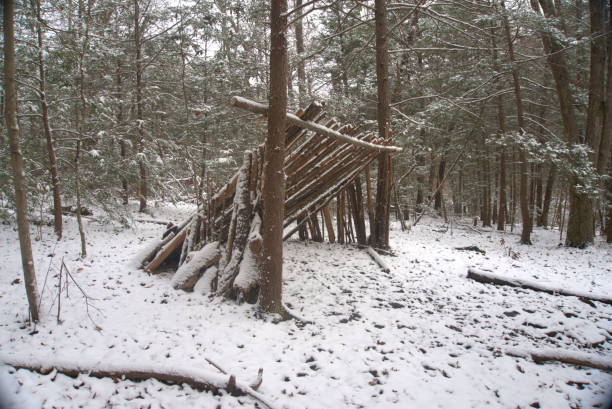 Winter Bushcraft Primitive lean to shelter covered in Snow
