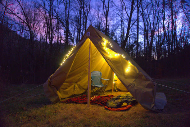 Boy Scout Wall tent glamping in the Blue Ridge Mountains near Asheville. Camping stock photo
