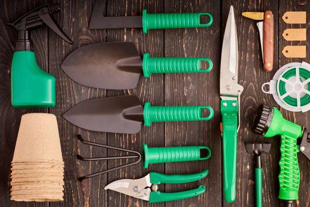 istock Gardening tools on wooden background flat lay 1191746562
