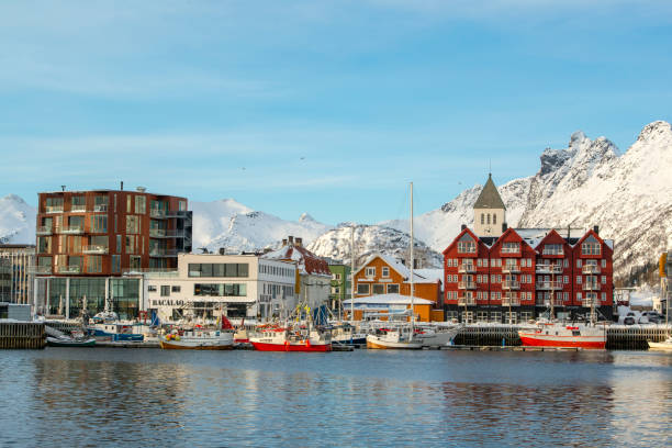 Center of Svolvær city, Lofoten islands, Norway Svolvær, Lofoten archipelago, Norway - February 13, 2016: View from the harbour to the center of Svolvær, the largest city and  administrative centre of the Lofoten archipelago in Northern Norway. harbor of svolvaer in winter lofoten islands norway stock pictures, royalty-free photos & images