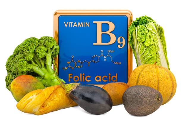 alimentos mais ricos em vitamina b9, ácido fólico. renderização 3d isolada no fundo branco - ácido fólico - fotografias e filmes do acervo