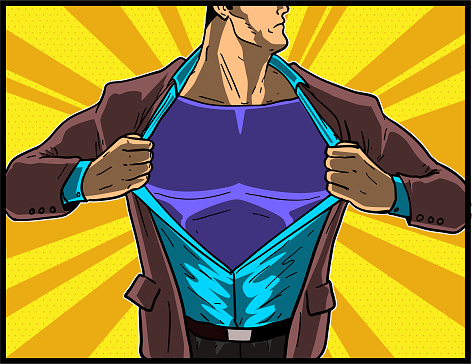 A retro pop art comic book style vector illustration of a muscular superhero ripping his shirt and reveal superhero costume inside. Put your text on the chest.