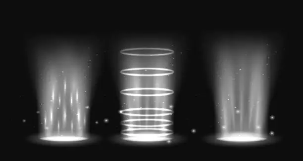 Vector illustration of Portal set light effect hologram. Magic circle teleport podium. Ufo swirl beam and ray energy funnel
