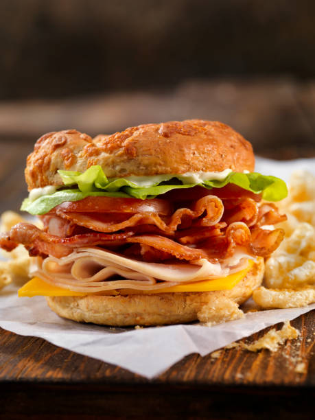 istock Low Carbohydrate Cheese Bagel/ Turkey BLT with Crispy Pork Rinds 1191752356