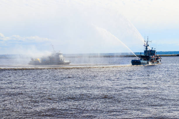 istock Extinguishing a burning ship during naval exercises 1191757586