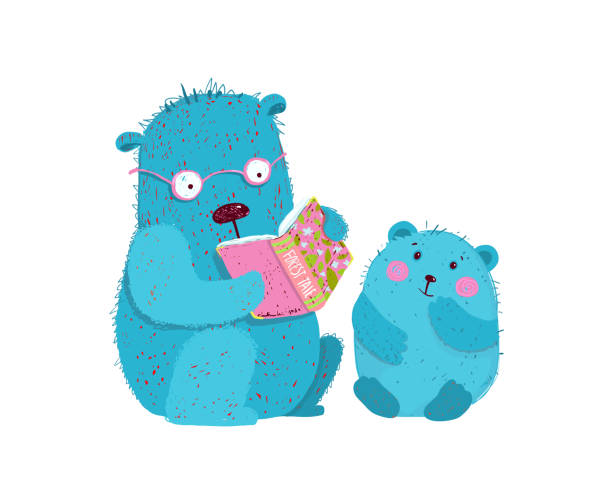 miś tata nauczania niedźwiedź czytanie, robi pracę domową, nauczanie przedszkolne. - bear teddy bear characters hand drawn stock illustrations