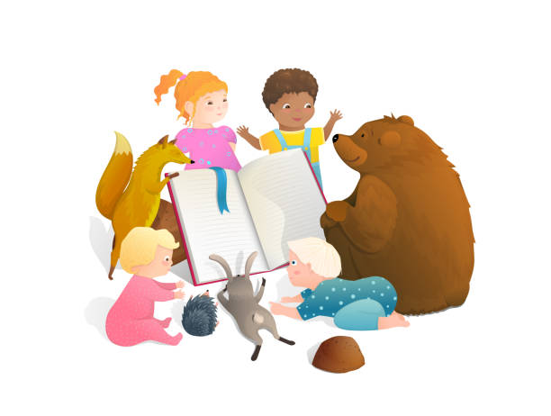 Bear fox rabbit animals reading a book with little Kids together. Funny back to school or first book pupils studying at school. Cute schoolboy and girl cartoon characters doing classes. kid doing homework clip art stock illustrations