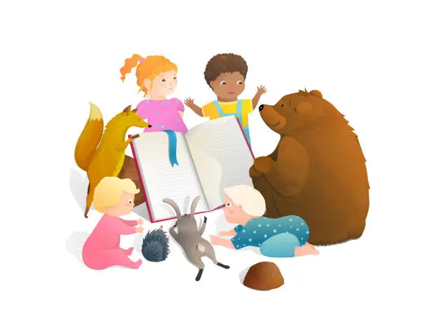 Vector illustration of Bear fox rabbit animals reading a book with little Kids together.
