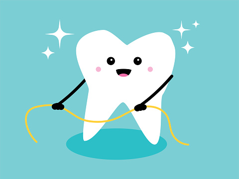 A vector illustration of a happy tooth flossing.
