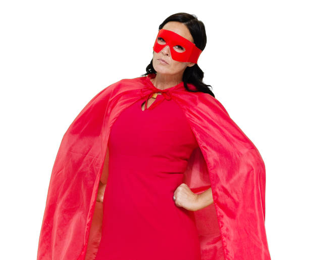 Front view / one person / waist up / portrait of adult beautiful black hair / long hair caucasian female / young women superhero / heroines / hero / superwoman standing wearing eye mask / mask - disguise / costume / cape - garment / dress who is smiling / happy / cheerful / laughing / conquering adversity / cool attitude who is courage vista frontal / una persona / cintura para arriba / retrato de adulto hermoso pelo negro / pelo largo mujer caucásica / joven mujeres superhéroes / heroínas / héroe / supermujer de pie usando máscara de ojos / máscara - disfraz / traje / capa - ropa