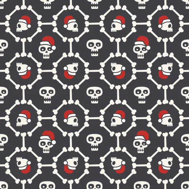 Vector illustration of Human Skulls with Christmas hat Seamless Pattern stock illustration
