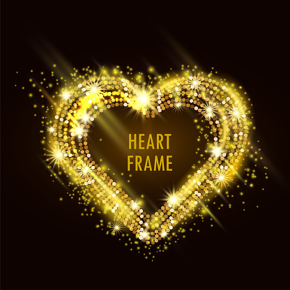 Mosaic vector golden neon light effect heart frame with hazy flares. Magical glowing glass tiles, shining stardust sparkles, hot illumination. Energy glittering tiles. Luxurious expensive design.