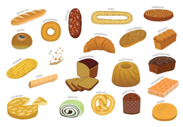 Vector illustration of Various Bread Kind From Around the World Cartoon Vector