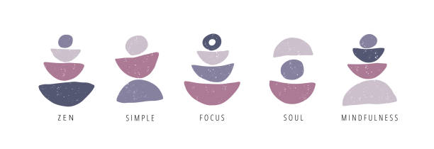 Focus, pause, moment flat vector posters set Focus, zen, simple, mindfulness flat vector posters set. Motivational drawings collection isolated on white background. Creative print, t shirt design element. Balance, harmony and wellbeing concept balance drawings stock illustrations