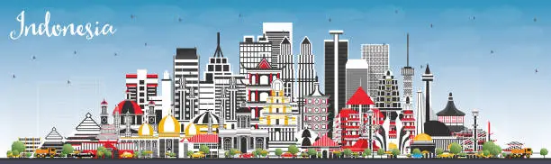 Vector illustration of Indonesia Cities Skyline with Gray Buildings and Blue Sky.
