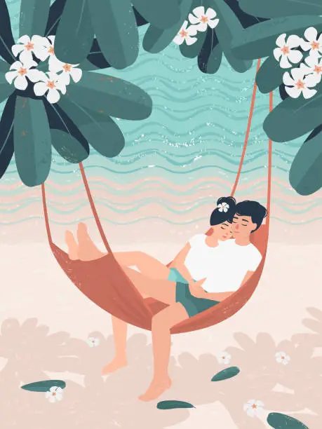 Vector illustration of Young people in love relax in a hammock holding hands under a flowering frangipani tree by the sea.