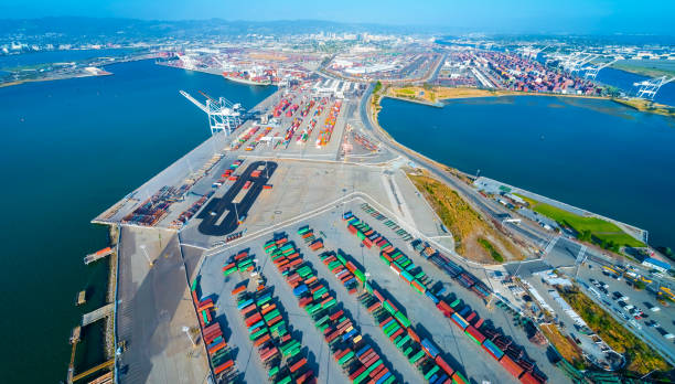 istock Oakland Harbor port terminal with shipping containers 1191801291