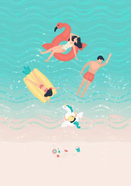 Vector illustration of Swimming big family in the sea near the shore. Woman on the swimming circle coral flamingo. Man swims as a crawl. Girl sunbathes on a pineapple swim matress and her sister on a circle white unicorn