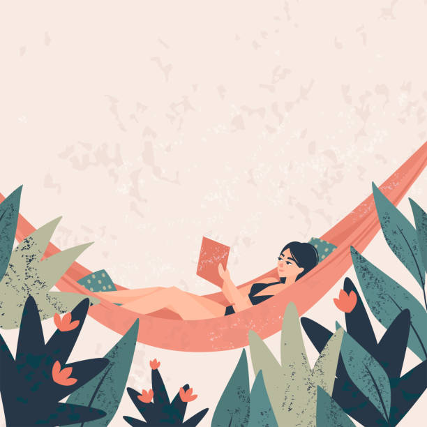 ilustrações, clipart, desenhos animados e ícones de uma rapariga em um terno de banho que encontra-se em um hammock e que lê um livro cercado por plantas tropicais - summer women hammock nature