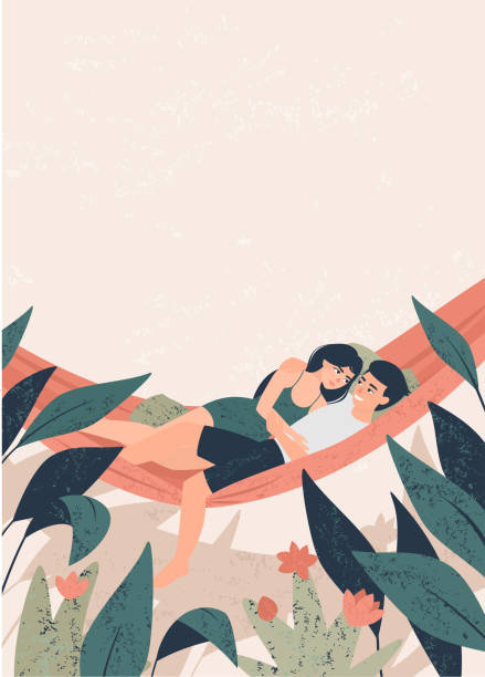 ilustrações, clipart, desenhos animados e ícones de os pares novos encontram-se em uma rede nos trópicos - couple in love