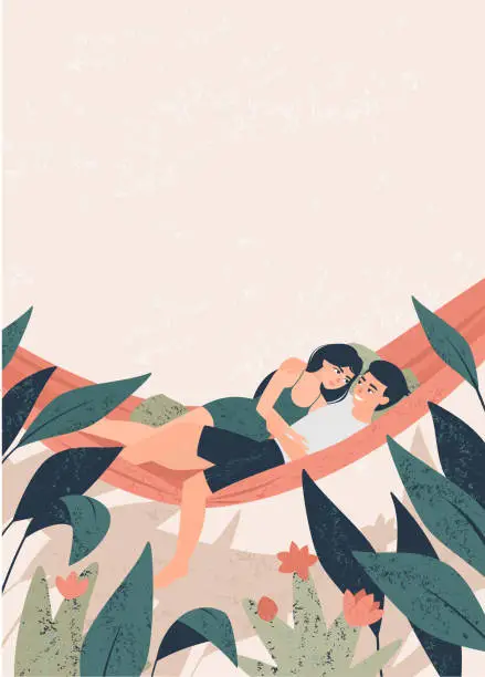 Vector illustration of Young couple lie in a hammock in the tropics