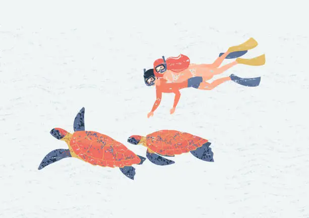 Vector illustration of A woman and a man dive into the sea and watch turtles.