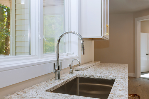 New classic kitchen in modern style a new ceramic sink in kitchen