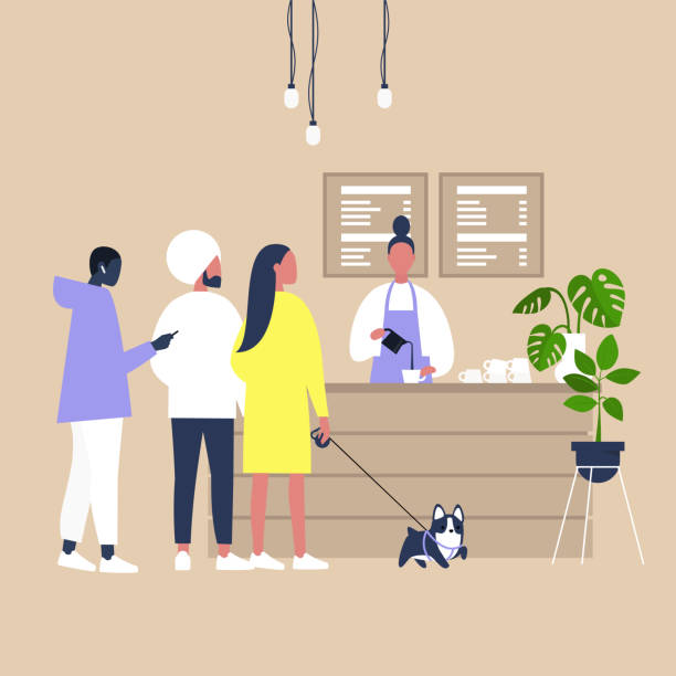 Modern coffeeshop scene, A line of characters waiting at the counter, lifestyle illustration Modern coffeeshop scene, A line of characters waiting at the counter, lifestyle illustration cafe illustrations stock illustrations