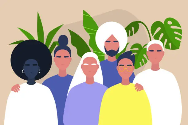 Vector illustration of Diverse community of young people - african, caucasian, indian, friendship and support