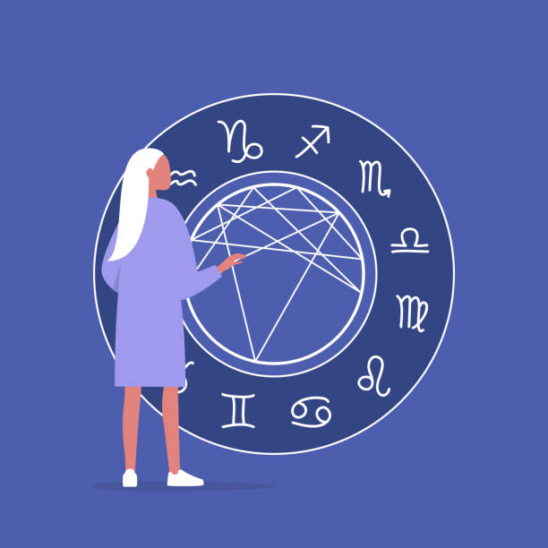 концепция астрологии, молодой женский персонаж, читающих натальную диаграмму, будущее предсказание - natal stock illustrations