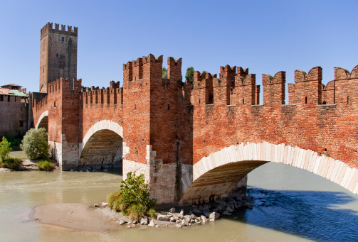 Ponte Pietra (Stone bridge) - 1st century B.C., Adige river, the church of San Giorgio in Braida and the bell tower of the cathedral of Verona, Veneto, Italy, Europe