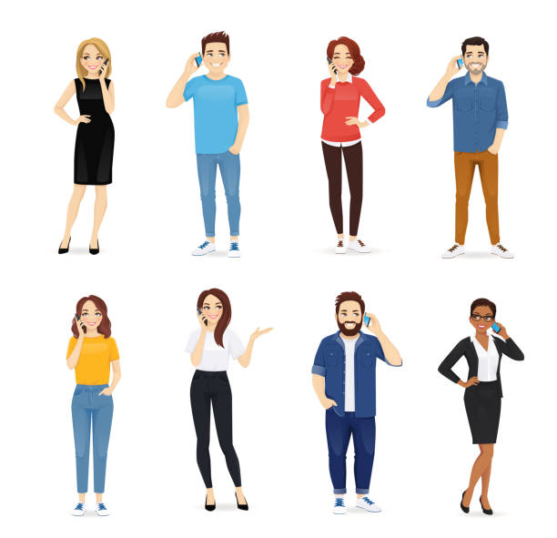 Young people with gadgets Smiling young people talking on mobile phones. Men and women characters set vector illustration isolated person on phone stock illustrations