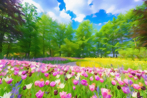 Field of tulips. Drawing of pastel colors. Flowers banner, element of decor, spring collection.