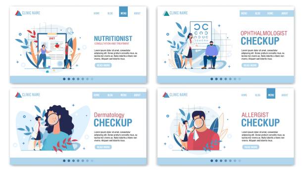 Medical Professional Consultation Landing Page Set Medical Professional Consultation Landing Page Flat Set. Dermatologist, Allergist, Nutritionist, Ophthalmologist Doctor Specialist Appointment. Telemedicine. Online Service. Vector Flat Illustration eye doctor and patient stock illustrations