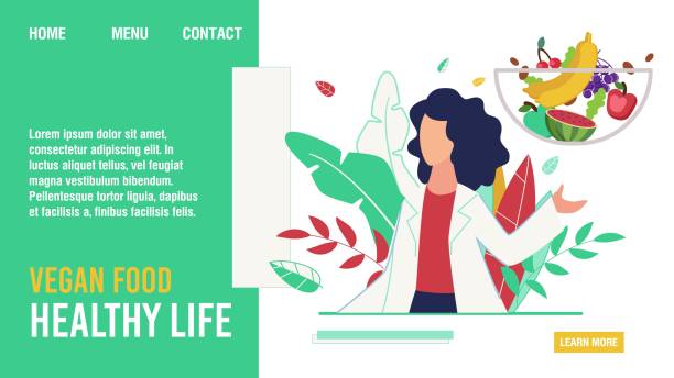 illustrazioni stock, clip art, cartoni animati e icone di tendenza di cibo vegano per una vita sana che promuove la pagina di destinazione - food and drink healthy eating expertise professional occupation