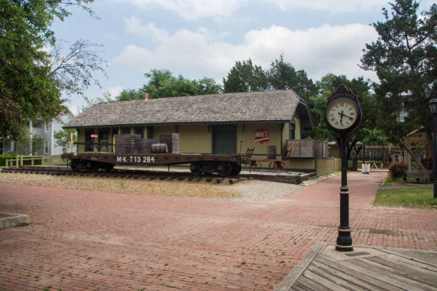 Dallas, Texas - April 23th, 2019: Dallas Heritage Village, Citizen's Bank's clock in front of a rail station.