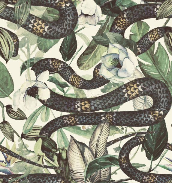 Seamless watercolor pattern with tropical flowers, magnolia, orange flower, vanilla orchid, tropical leaves, banana leaves, snake