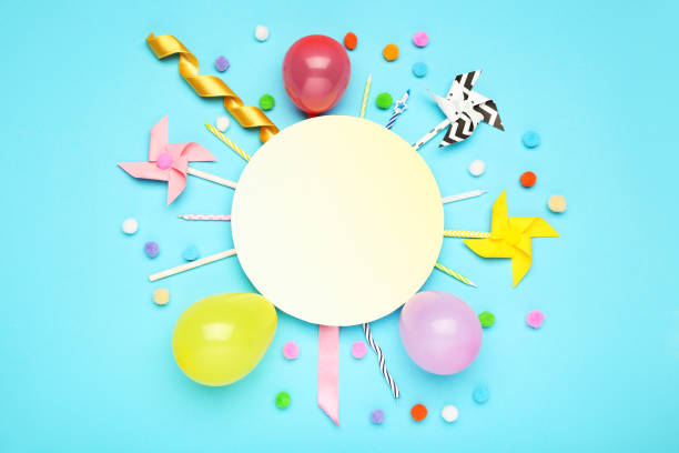 istock Colorful flat lay composition with various party items on blue background 1191822287