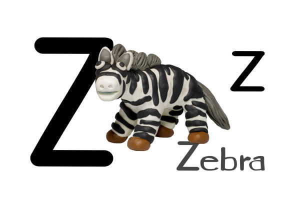 Statues like cute animals for children. Molding from plasticine for learning alphabet, Z. Cartoon characters, Zebra isolated on white background. Like 3D rendering, illustration.