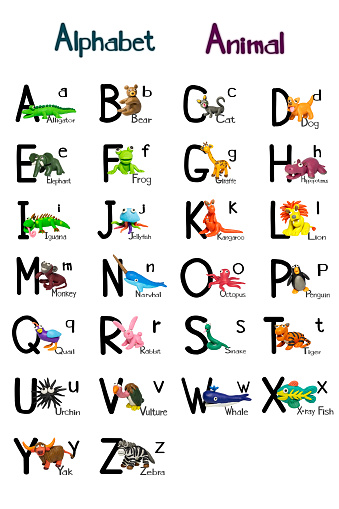 Statues like cute animals for children. Molding from plasticine for learning alphabet A-Z. Cartoon characters like wild animals with English alphabet isolated on white background.