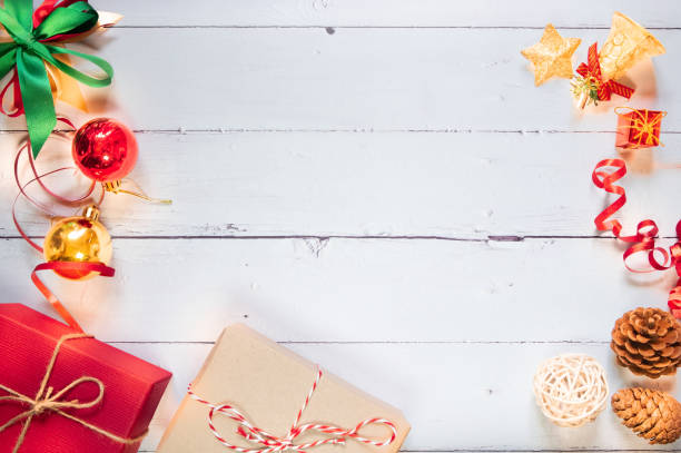 istock Christmas composition festive. Christmas decorations and xmas gift boxes on wooden white table background. Celebration for holiday concept, New Year, winter. Flat lay, top view with free space copy for text. 1191832533