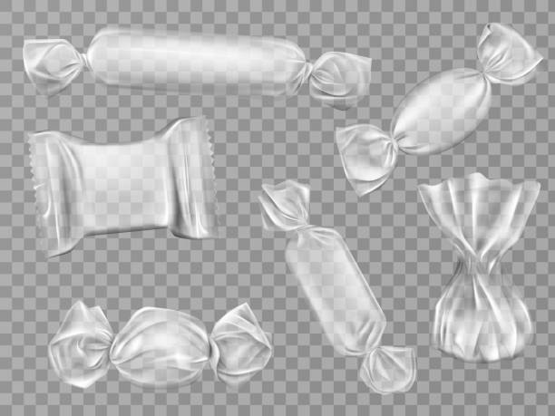 bildbanksillustrationer, clip art samt tecknat material och ikoner med transparent candy omslag set isolerad clip art - cellofan